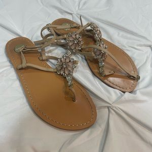 Rose & Crystal Jeweled Nude Strappy Tan Flat Silver Hardware Sandals